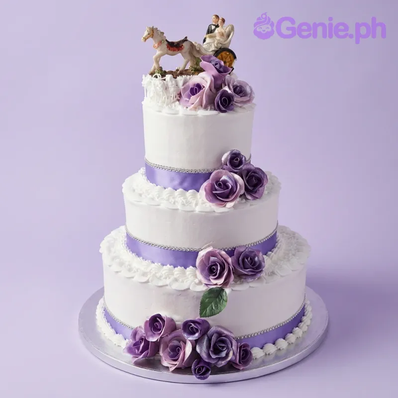 A white 3-tier wedding cake with purple roses, silver beads, and a horse-drawn carriage with bride and groom topper. A white 3-tier wedding cake with purple roses, silver beads, and a horse-drawn carriage with bride and groom topper.