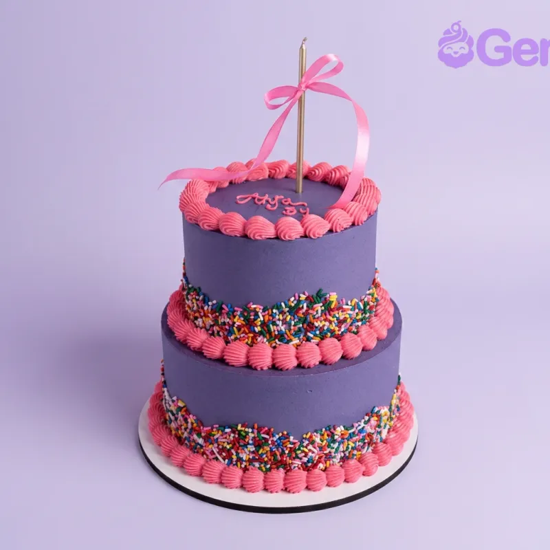 Purple 2-tier birthday cake with colorful sprinkles and a pink ribbon bow Purple 2-tier birthday cake with colorful sprinkles and a pink ribbon bow