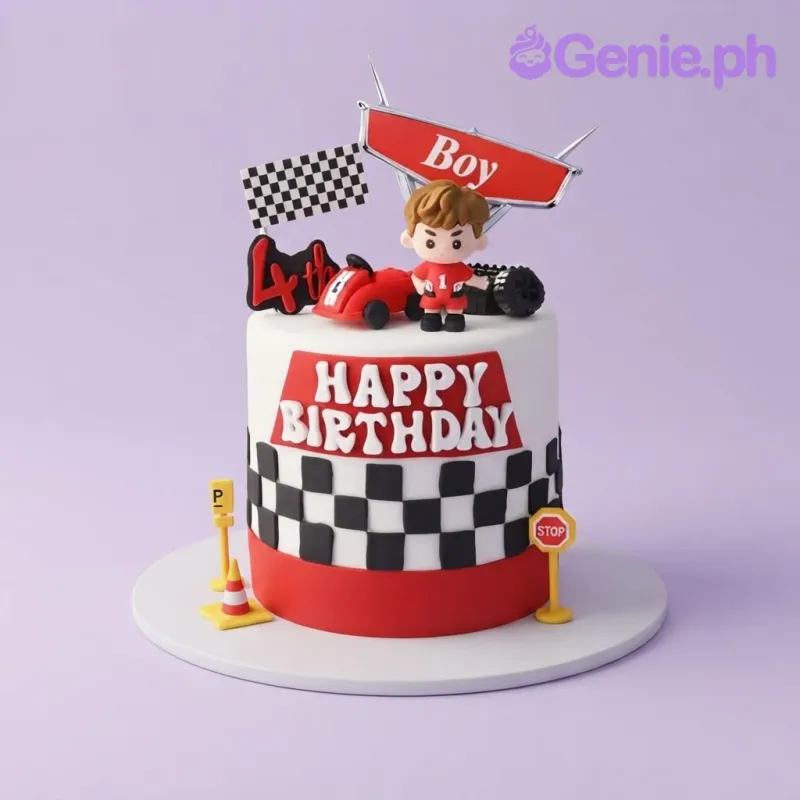 White 1-tier fondant race car cake with a checkered side panel, red race car toy, and edible boy figure White 1-tier fondant race car cake with a checkered side panel, red race car toy, and edible boy figure