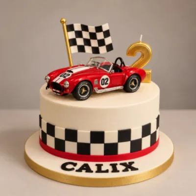 White 1-tier fondant cake with smooth icing, race car theme, red race car model, and checkered flag topper White 1-tier fondant cake with smooth icing, race car theme, red race car model, and checkered flag topper