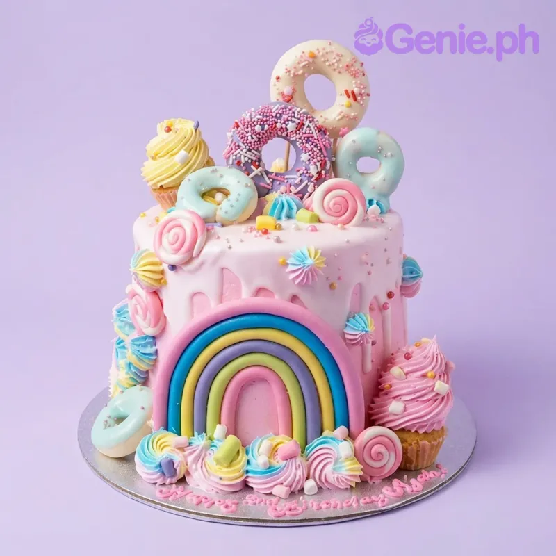 A pink and multi-colored 1-tier cake themed around Rainbow Candy Land, featuring a fondant rainbow, donuts, cupcakes, and icing swirls. A pink and multi-colored 1-tier cake themed around Rainbow Candy Land, featuring a fondant rainbow, donuts, cupcakes, and icing swirls.