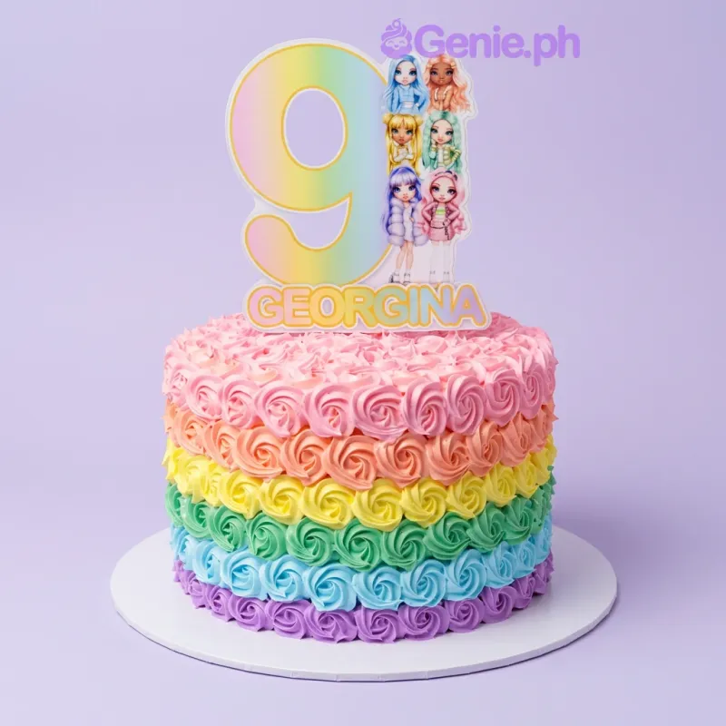 A multicolor 1-tier Rainbow High cake, featuring a number 9 and character printout topper, plus rosette icing and "GEORGINA" text. A multicolor 1-tier Rainbow High cake, featuring a number 9 and character printout topper, plus rosette icing and "GEORGINA" text.