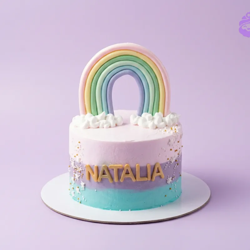 A multi-colored 1-tier cake themed around Rainbow, featuring a large fondant rainbow topper, white icing clouds, and gold name letters. A multi-colored 1-tier cake themed around Rainbow, featuring a large fondant rainbow topper, white icing clouds, and gold name letters.