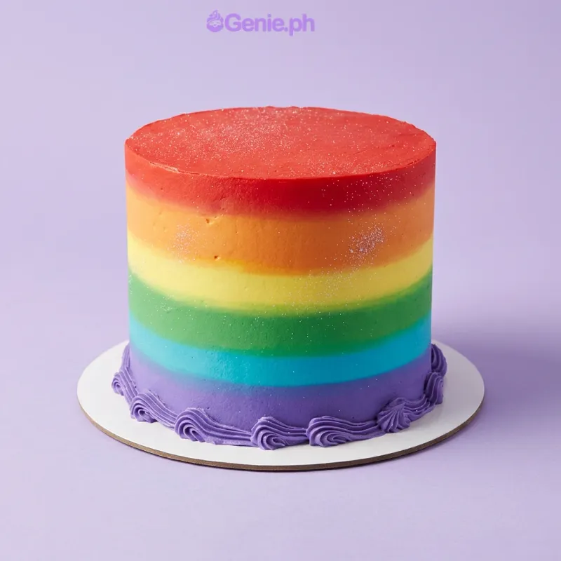 Rainbow cake design — 1 layer soft icing cake in red — with piped purple shell border Rainbow cake design — 1 layer soft icing cake in red — with piped purple shell border
