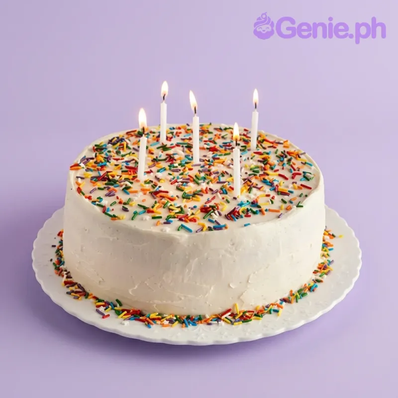 White soft-icing birthday cake covered in colorful rainbow sprinkles with five white lit candles on top. White soft-icing birthday cake covered in colorful rainbow sprinkles with five white lit candles on top.