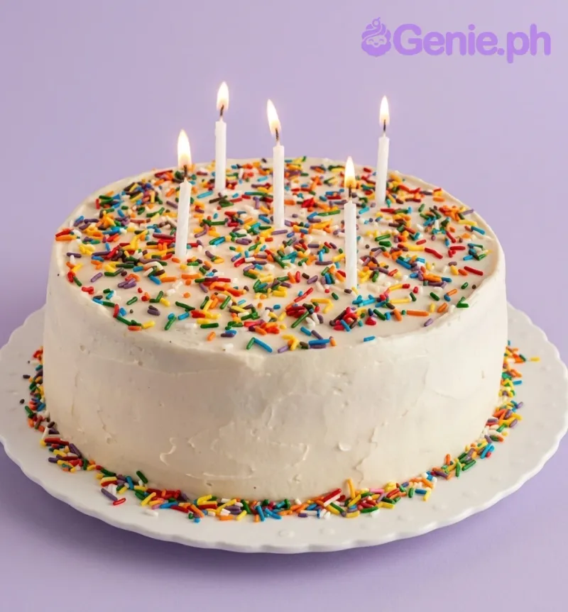 A white 1 Tier cake themed around Rainbow Sprinkle, featuring six lit white candles and multi-colored rainbow sprinkles. A white 1 Tier cake themed around Rainbow Sprinkle, featuring six lit white candles and multi-colored rainbow sprinkles.