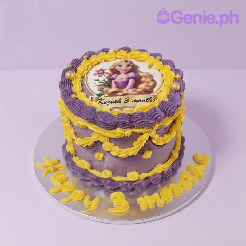 Purple two-tier cake with a Rapunzel edible photo topper, yellow piped icing, and gold pearl accents Purple two-tier cake with a Rapunzel edible photo topper, yellow piped icing, and gold pearl accents