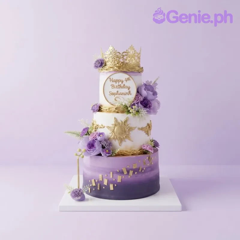 Purple and white 3-tier birthday cake with a gold crown, round greeting sign, and purple floral arrangements Purple and white 3-tier birthday cake with a gold crown, round greeting sign, and purple floral arrangements
