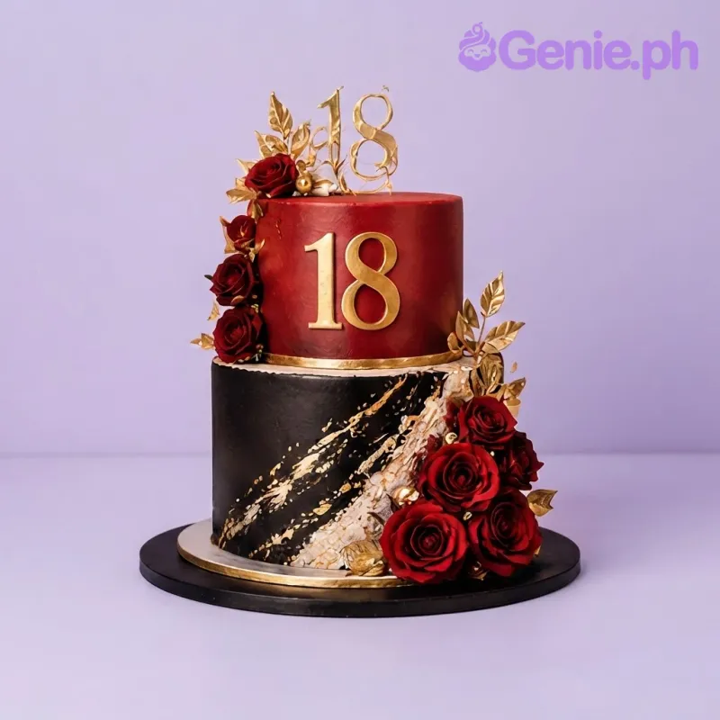 Dark red and black 2-tier fondant birthday cake with gold 18 toppers and red roses Dark red and black 2-tier fondant birthday cake with gold 18 toppers and red roses