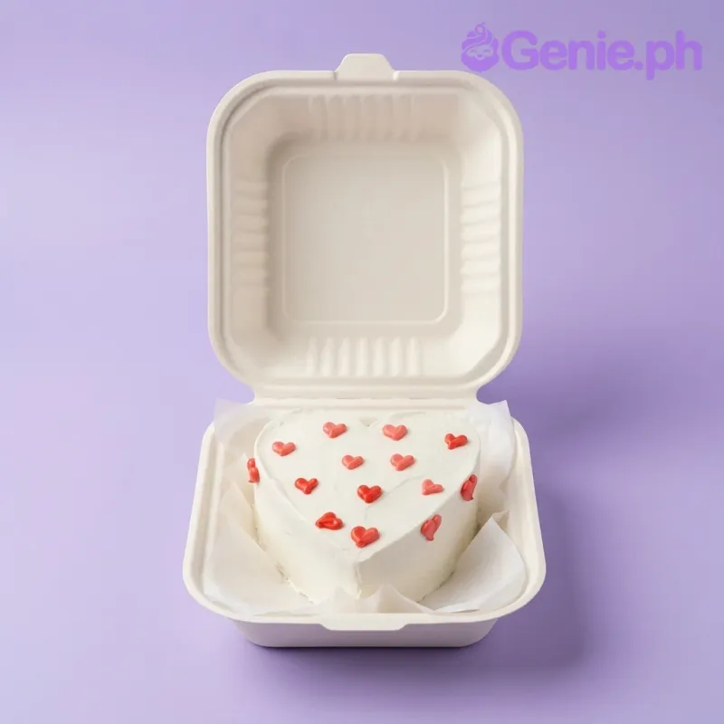 A white and red bento cake themed Red Heart Minimalist, featuring small red icing hearts on top and sides, presented in a white clamshell box. A white and red bento cake themed Red Heart Minimalist, featuring small red icing hearts on top and sides, presented in a white clamshell box.
