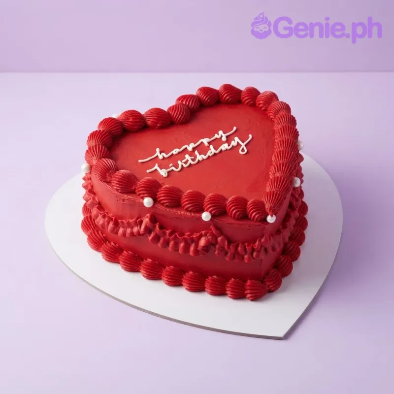 Vibrant red heart cake with smooth soft icing, piped shell and ruffle borders, and white sugar pearls