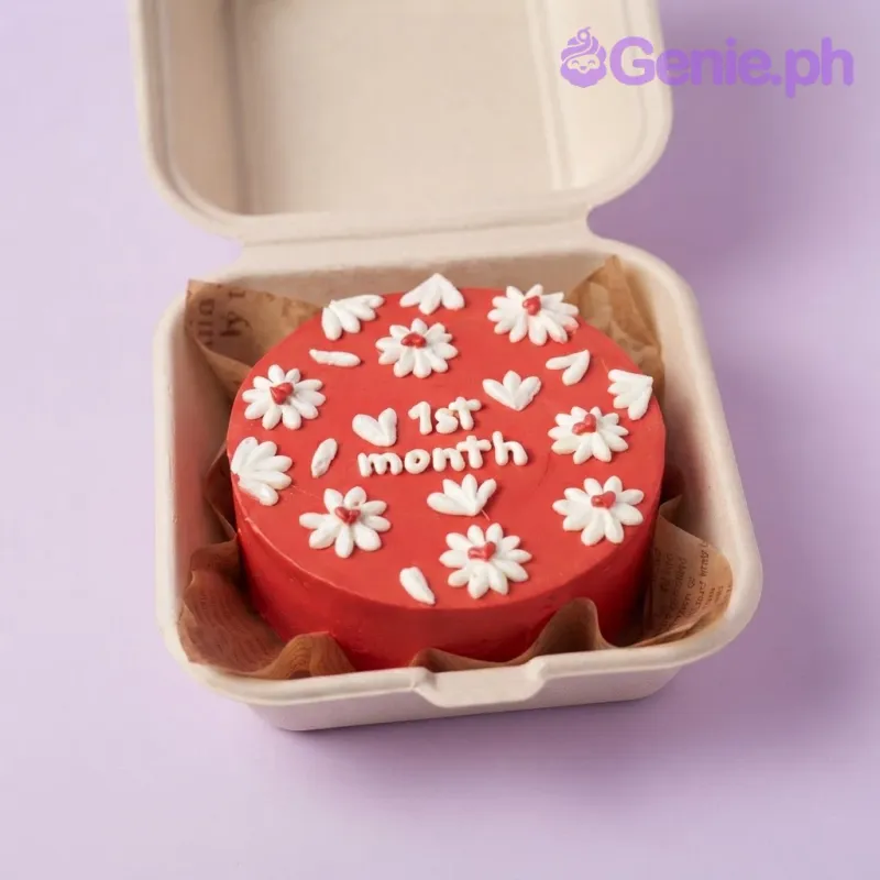 Vibrant red bento cake with smooth soft icing, white piped daisy flowers, and a piped message Vibrant red bento cake with smooth soft icing, white piped daisy flowers, and a piped message