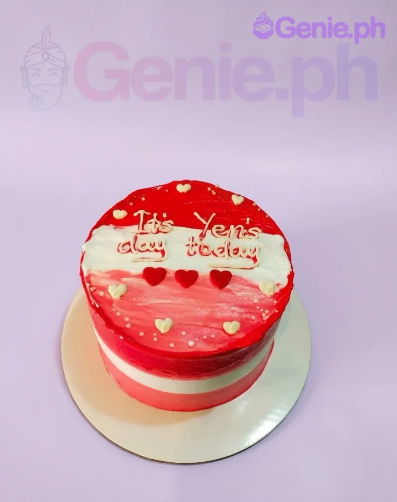A red and white 1 Tier cake themed around minimalism, featuring heart decorations and a piped icing message. A red and white 1 Tier cake themed around minimalism, featuring heart decorations and a piped icing message.