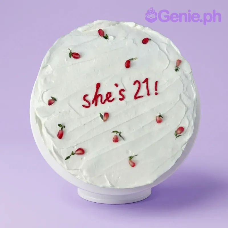 A white, red, and green 1 Tier cake themed for a birthday, featuring red piped icing text 'she's 21!' and pomegranate seed accents with green leaves. A white, red, and green 1 Tier cake themed for a birthday, featuring red piped icing text 'she's 21!' and pomegranate seed accents with green leaves.