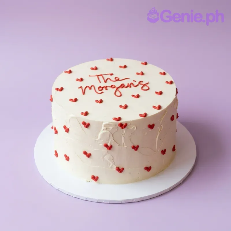 A white and red 1 Tier cake themed Red Minimalist, featuring red piped icing hearts and a 'The Morgans' message. A white and red 1 Tier cake themed Red Minimalist, featuring red piped icing hearts and a 'The Morgans' message.