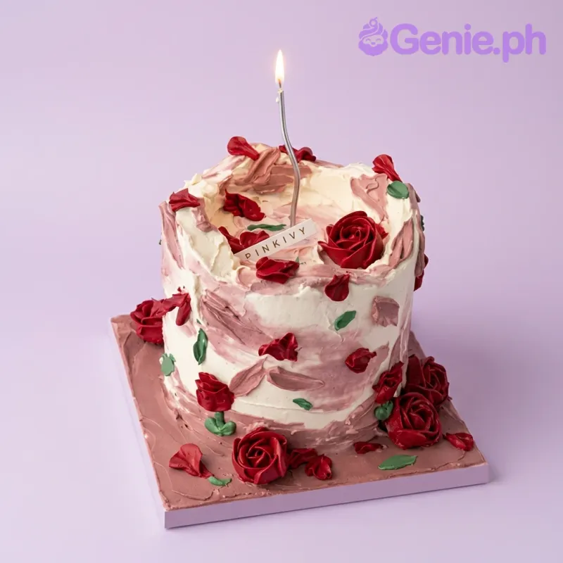 White and pink palette knife icing cake decorated with deep red icing roses and a single tall silver candle. White and pink palette knife icing cake decorated with deep red icing roses and a single tall silver candle.