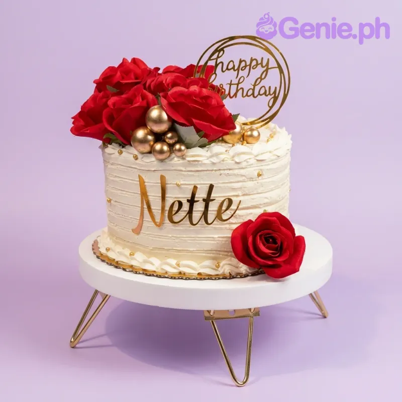 A white, red, and gold 1-tier red rose cake, featuring red roses, a gold 'Happy Birthday' topper, and textured icing. A white, red, and gold 1-tier red rose cake, featuring red roses, a gold 'Happy Birthday' topper, and textured icing.