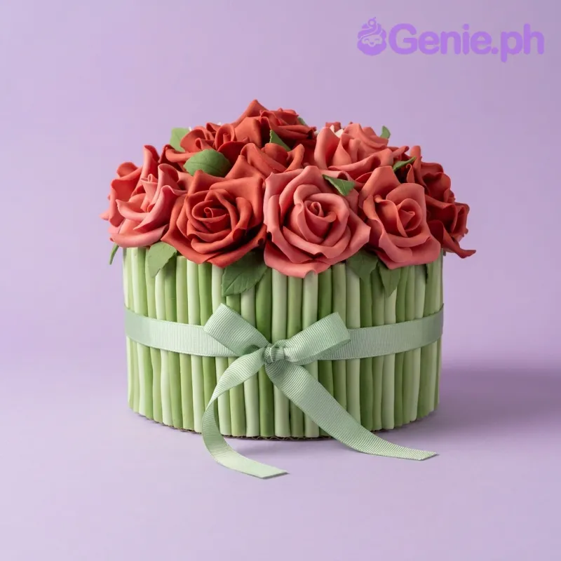 A green and red 1-tier fondant cake themed as a Red Rose Garden, featuring red gumpaste roses, green stripes, and a light green ribbon. A green and red 1-tier fondant cake themed as a Red Rose Garden, featuring red gumpaste roses, green stripes, and a light green ribbon.