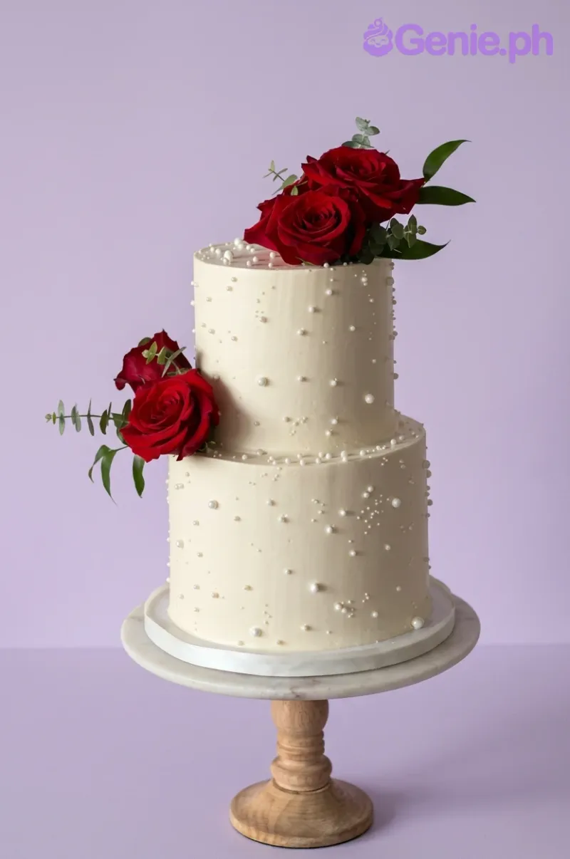 An ivory two-tier cake themed Red Roses Ivory, featuring fresh red roses and white edible pearls. An ivory two-tier cake themed Red Roses Ivory, featuring fresh red roses and white edible pearls.