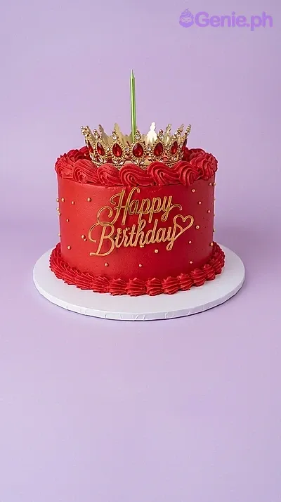 A red 1-tier cake themed around royalty, featuring a gold crown topper, gold 'Happy Birthday' sign, and white pearl sprinkles. A red 1-tier cake themed around royalty, featuring a gold crown topper, gold 'Happy Birthday' sign, and white pearl sprinkles.