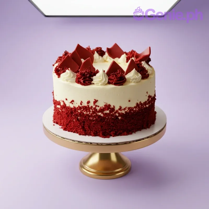 Red Velvet cake with white cream icing, red velvet crumbs on the base, and red chocolate shards on top. Red Velvet cake with white cream icing, red velvet crumbs on the base, and red chocolate shards on top.