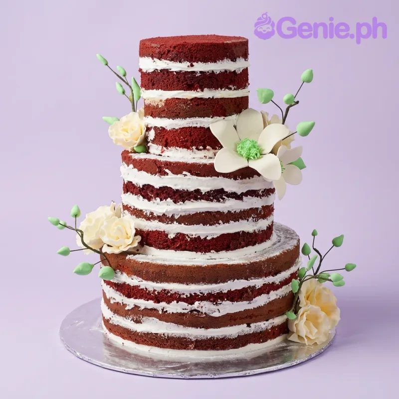 A red and white three-tier naked Red Velvet cake, adorned with large white gumpaste flowers and green buds on a silver base. A red and white three-tier naked Red Velvet cake, adorned with large white gumpaste flowers and green buds on a silver base.