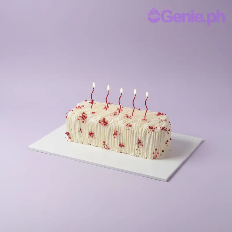 White rectangular cake with smooth soft icing, red sprinkles, and five pink birthday candles White rectangular cake with smooth soft icing, red sprinkles, and five pink birthday candles
