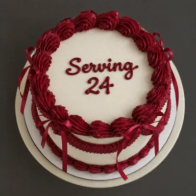 White 2-tier cake with smooth soft icing, dark red satin ribbon bows, and piped dark red rosettes