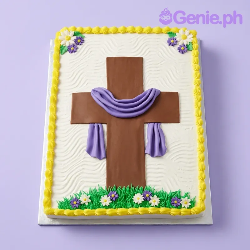 A white rectangular cake themed around Religious Cross, featuring a brown cross with purple cloth, green grass, and flowers. A white rectangular cake themed around Religious Cross, featuring a brown cross with purple cloth, green grass, and flowers.