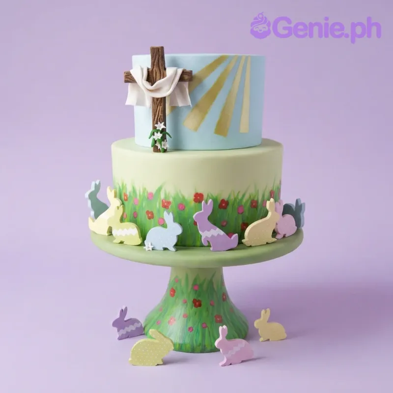 A light blue and green two-tier fondant cake, Religious Easter themed, featuring a wooden cross, sunbeams, and colorful bunnies. A light blue and green two-tier fondant cake, Religious Easter themed, featuring a wooden cross, sunbeams, and colorful bunnies.