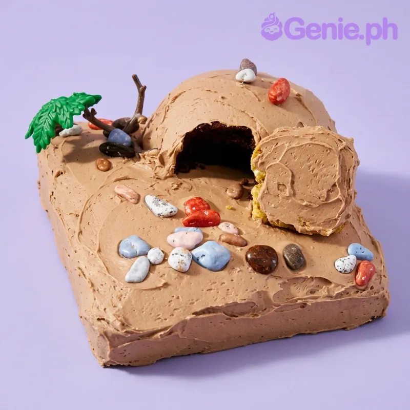 A brown square cake themed as a religious tomb, featuring a cave opening, colorful candy rocks, a green tree, and brown branches. A brown square cake themed as a religious tomb, featuring a cave opening, colorful candy rocks, a green tree, and brown branches.