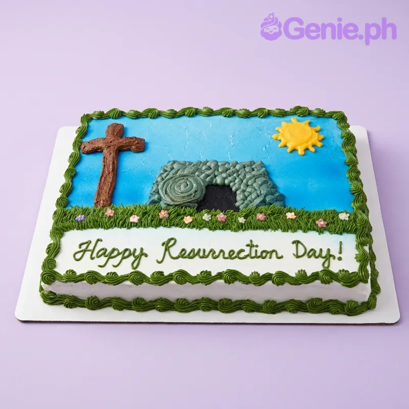 A white and blue rectangular Easter cake, featuring a brown cross, stone tomb, and yellow sun. A white and blue rectangular Easter cake, featuring a brown cross, stone tomb, and yellow sun.