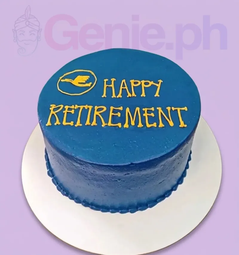 A navy blue 1-Tier cake for Retirement, featuring yellow icing text 'HAPPY RETIREMENT', a yellow piped logo, and a navy base border. A navy blue 1-Tier cake for Retirement, featuring yellow icing text 'HAPPY RETIREMENT', a yellow piped logo, and a navy base border.