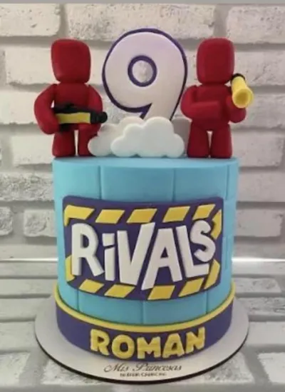 Sky blue 1-tier fondant cake with smooth icing, Rivals Roman theme, red character figurines, and a white number nine topper Sky blue 1-tier fondant cake with smooth icing, Rivals Roman theme, red character figurines, and a white number nine topper