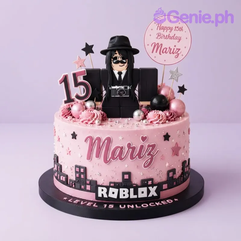 Pink 1-tier cake with a Roblox character cutout, cityscape silhouette, and personalized birthday message printouts Pink 1-tier cake with a Roblox character cutout, cityscape silhouette, and personalized birthday message printouts