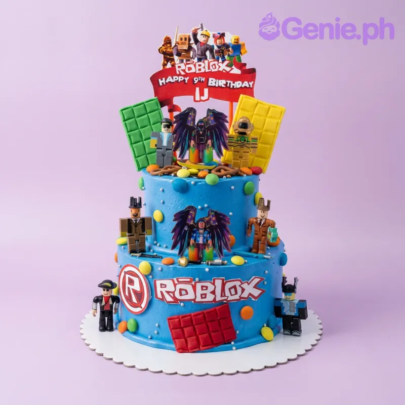 A blue and colorful 2-tier cake themed around Roblox, featuring character printouts and a Roblox logo, with fondant chocolate bars and colorful spheres. A blue and colorful 2-tier cake themed around Roblox, featuring character printouts and a Roblox logo, with fondant chocolate bars and colorful spheres.