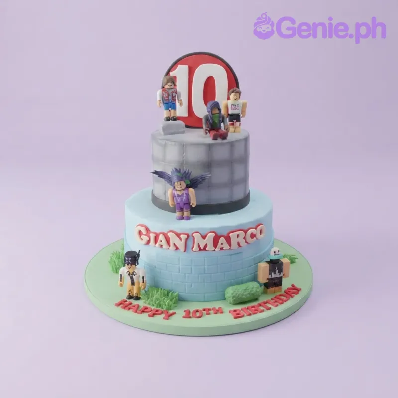 A 2-tier light blue cake with Roblox character figures, a number ten printout, and red fondant lettering on the side and base board A 2-tier light blue cake with Roblox character figures, a number ten printout, and red fondant lettering on the side and base board