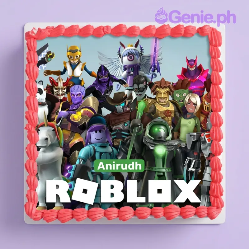 White square cake with a large Roblox character printout on top and a red piped icing border White square cake with a large Roblox character printout on top and a red piped icing border