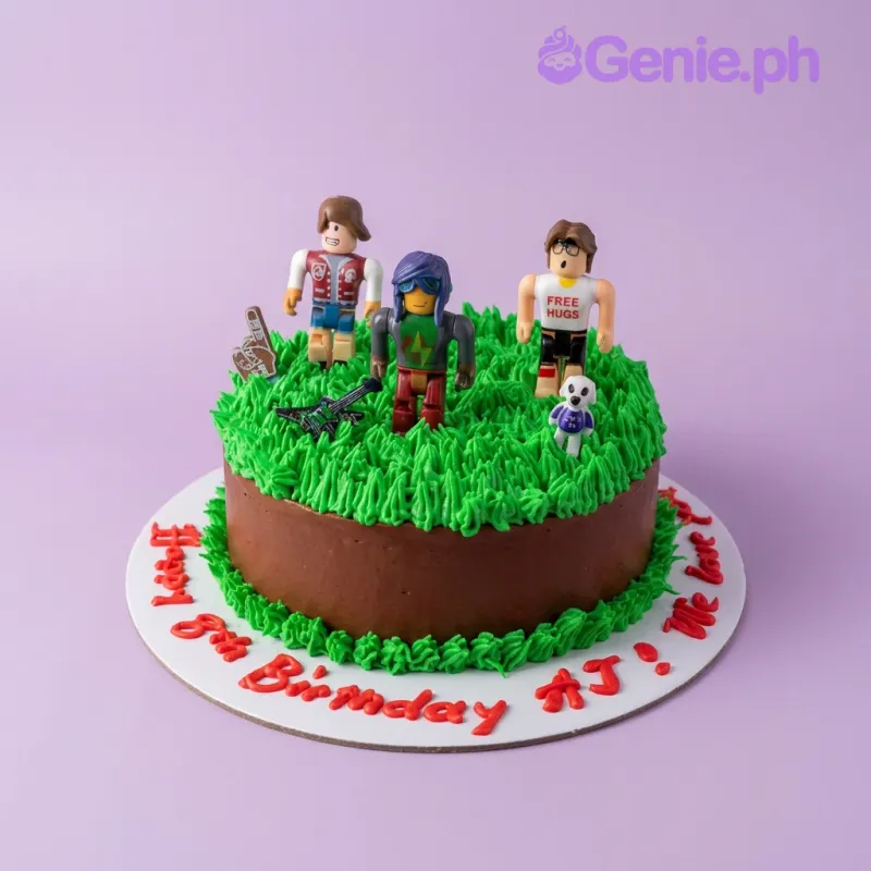 A green, brown, and white 1 Tier Roblox cake with three character toy toppers, a dog figure, and red text on a white board. A green, brown, and white 1 Tier Roblox cake with three character toy toppers, a dog figure, and red text on a white board.