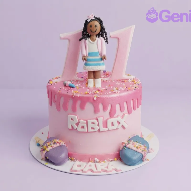 A pink and white 1 Tier cake themed around Roblox, featuring a Roblox-style girl figure, pink number 11 toppers, pink icing drip, and multicolored sprinkles. A pink and white 1 Tier cake themed around Roblox, featuring a Roblox-style girl figure, pink number 11 toppers, pink icing drip, and multicolored sprinkles.