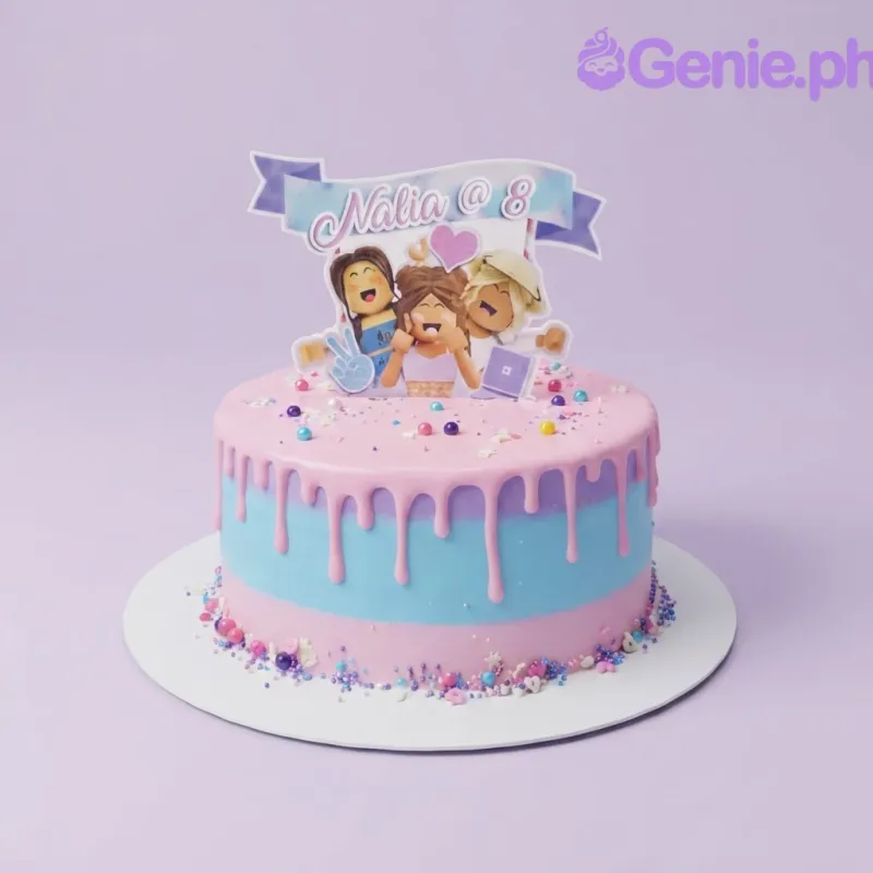 A pink and blue 1 Tier cake themed around Roblox, featuring Roblox characters and 'Nalia @ 8', with a pink drip and colorful sprinkles. A pink and blue 1 Tier cake themed around Roblox, featuring Roblox characters and 'Nalia @ 8', with a pink drip and colorful sprinkles.