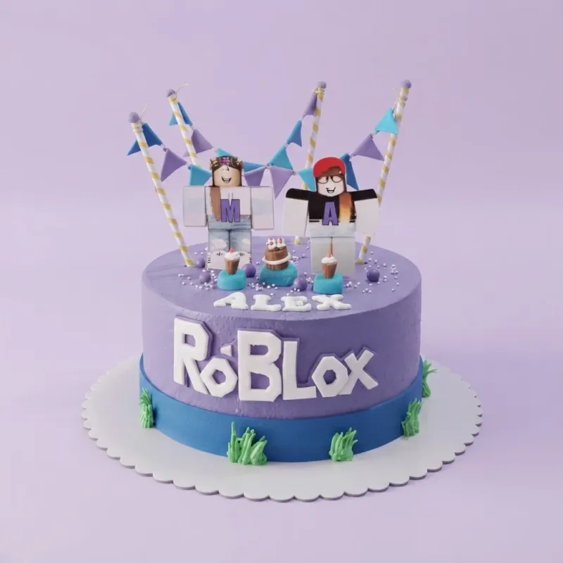 A multi-colored 1-tier cake themed around Roblox, featuring character standees, bunting flags, and 'ALEX' and 'ROBLOX' letters. A multi-colored 1-tier cake themed around Roblox, featuring character standees, bunting flags, and 'ALEX' and 'ROBLOX' letters.
