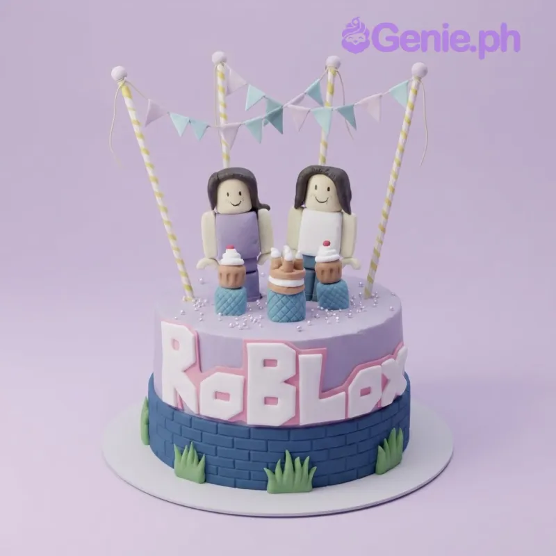 A purple and blue 1-tier cake themed around Roblox, featuring fondant character figures and colorful bunting toppers. A purple and blue 1-tier cake themed around Roblox, featuring fondant character figures and colorful bunting toppers.