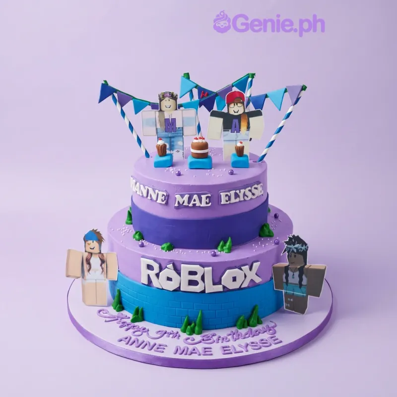 A purple and blue two-tier Roblox cake, featuring character printouts, bunting banners, and gumpaste letters. A purple and blue two-tier Roblox cake, featuring character printouts, bunting banners, and gumpaste letters.
