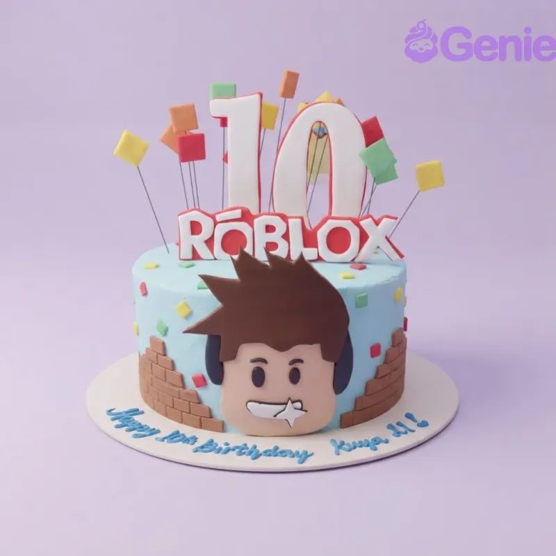 A light blue 1-tier Roblox cake featuring a character face, '10', logo, brick panels, and colorful squares. A light blue 1-tier Roblox cake featuring a character face, '10', logo, brick panels, and colorful squares.