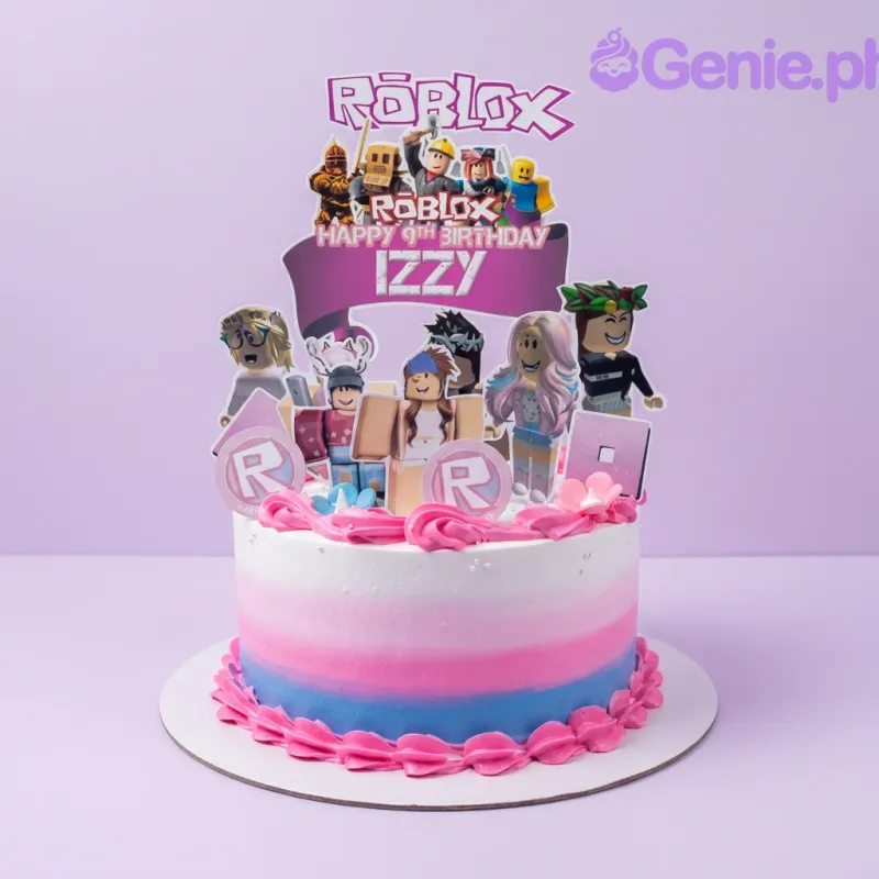 A pink and blue gradient 1 Tier cake themed around Roblox, featuring character printouts, logo, and pink icing rosettes. A pink and blue gradient 1 Tier cake themed around Roblox, featuring character printouts, logo, and pink icing rosettes.