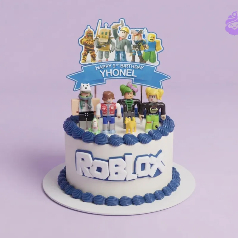 A white and blue 1 Tier cake themed around Roblox, featuring a character banner, figures, 3D logo, and blue icing borders. A white and blue 1 Tier cake themed around Roblox, featuring a character banner, figures, 3D logo, and blue icing borders.