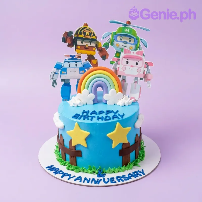 A blue 1-tier Robocar Poli themed cake with character cutouts, a rainbow topper, and yellow stars. A blue 1-tier Robocar Poli themed cake with character cutouts, a rainbow topper, and yellow stars.
