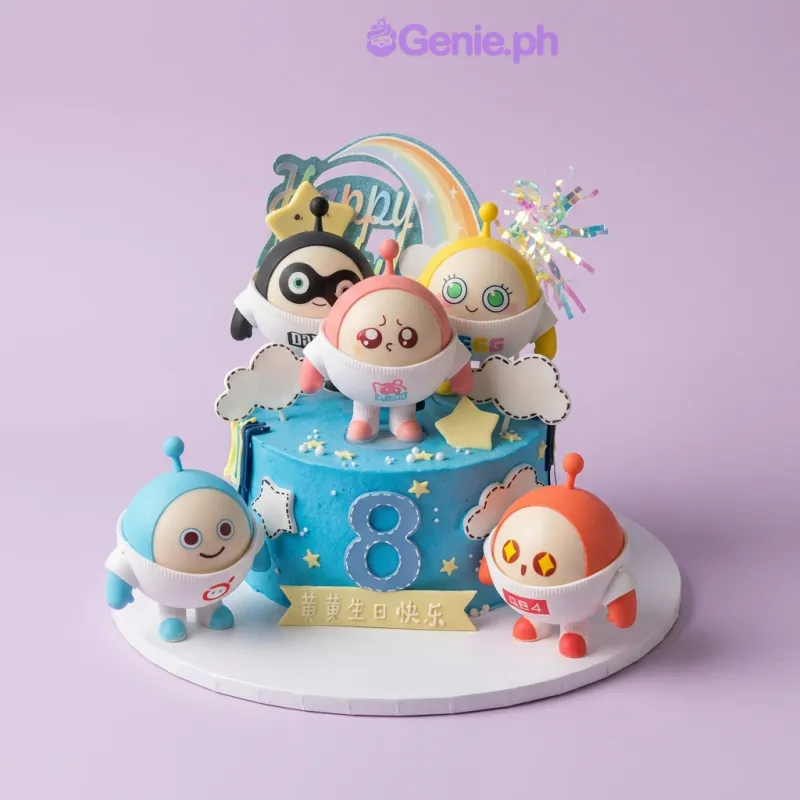 Light blue 1-tier fondant cake with five robot character toppers and rainbow decoration Light blue 1-tier fondant cake with five robot character toppers and rainbow decoration