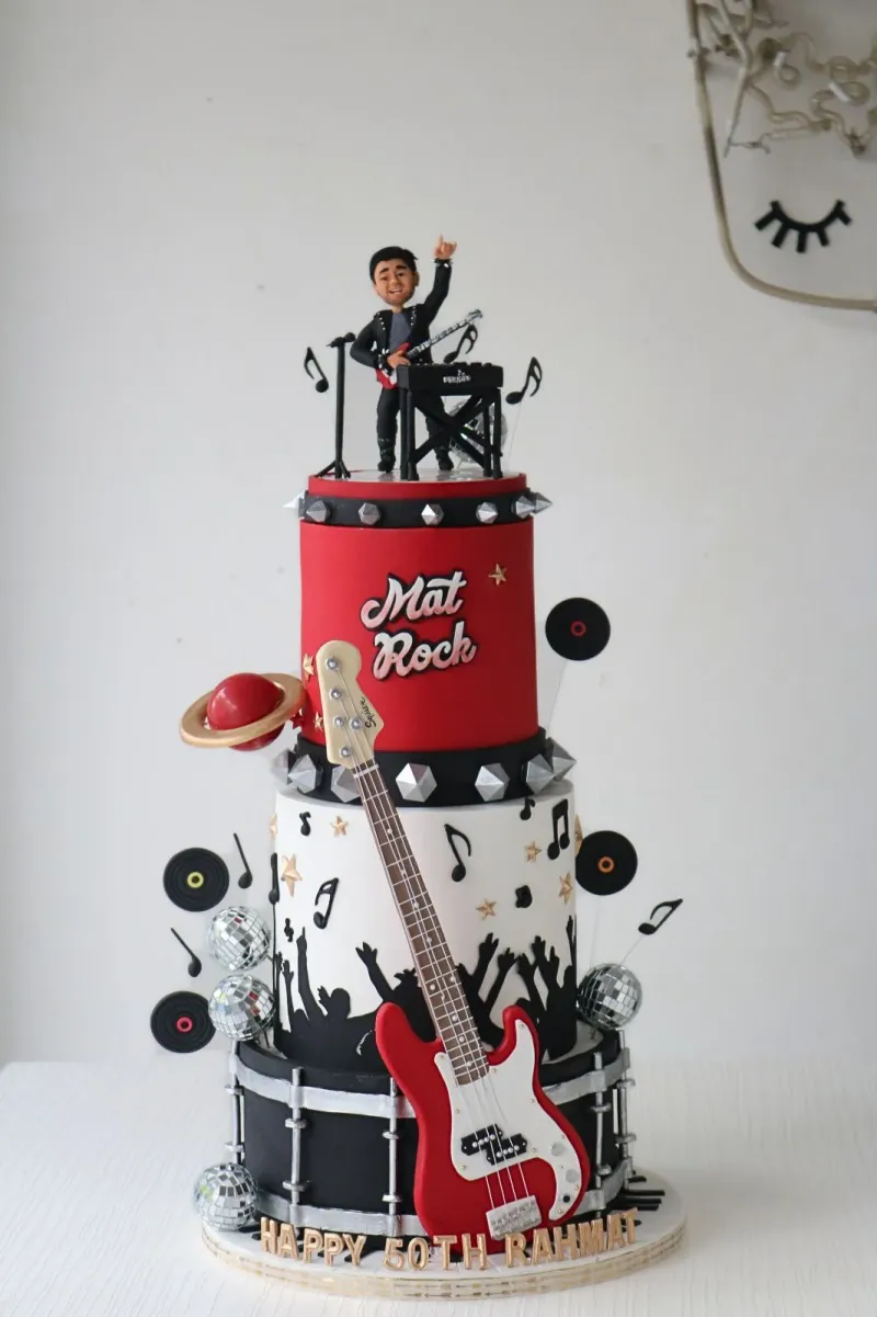 rockstar music 3 Tier Fondant - red, white, black theme with singer figurine with microphone and black music notes on sticks rockstar music 3 Tier Fondant - red, white, black theme with singer figurine with microphone and black music notes on sticks